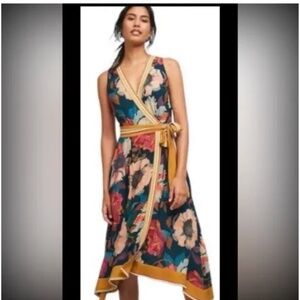 ANTHROPOLOGIE MAEVE Botanica Floral Faux Wrap Midi Dress Size 0 Colorful Spring